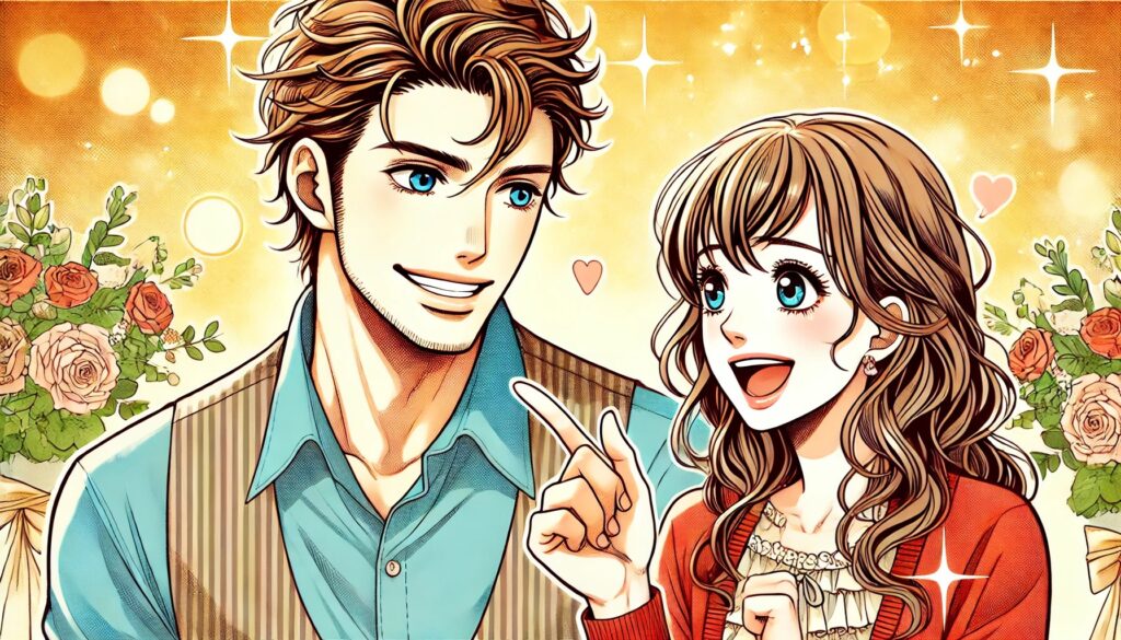 「モテる四柱推命」をテーマにした漫画風イラスト。イケメンの男性と美人の女性が笑顔で談笑し、親しみやすい雰囲気を演出。手振りを交えた会話で楽しそうな様子が伝わる。温かみのある背景と華やかな演出が、恋愛運アップを視覚的に表現したアイキャッチ画像。