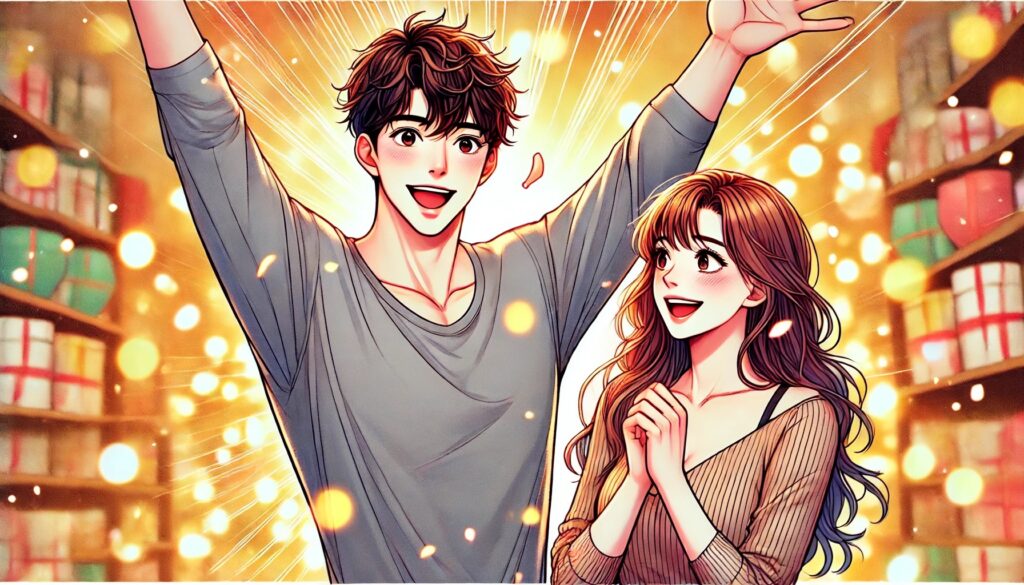 イケメンの男性が美人の恋人と付き合い始めた喜びを全身で表現する漫画風イラスト。男性は感激のあまり両手を高く挙げてバンザイし、女性は微笑みながら彼を見つめている。二人とも幸せそうな表情を浮かべ、温かみのある背景がロマンチックな雰囲気を演出。恋愛運を高める四柱推命のテーマにふさわしい、明るく華やかなアイキャッチ画像。
